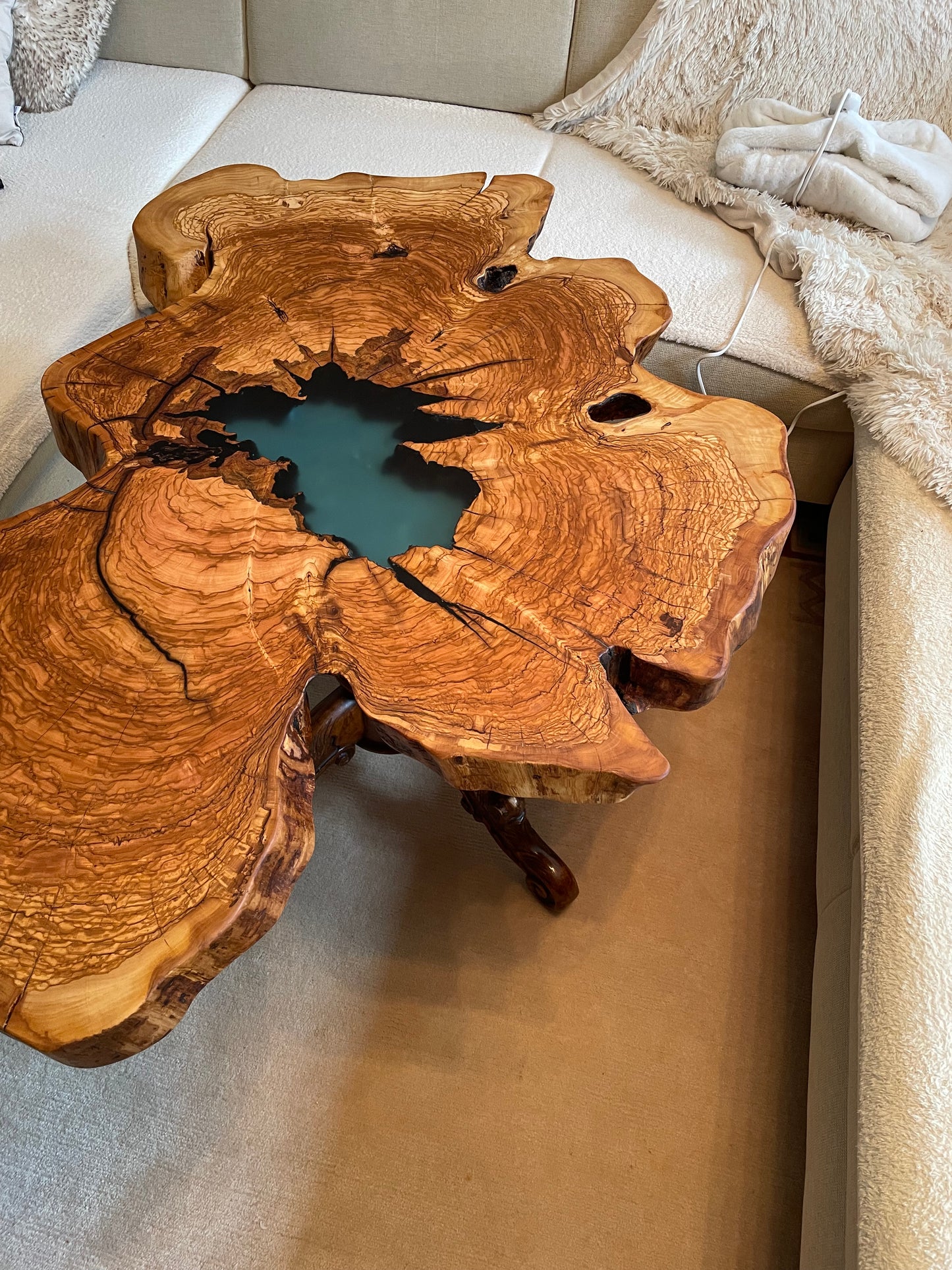 Couchtisch aus einer Olivenholzscheibe